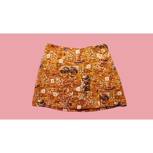 1990s ISAAC MIZRAHI Orange & Brown Island Tiki Print Faux Wrap Mini Skirt. S - Picture 2 of 10
